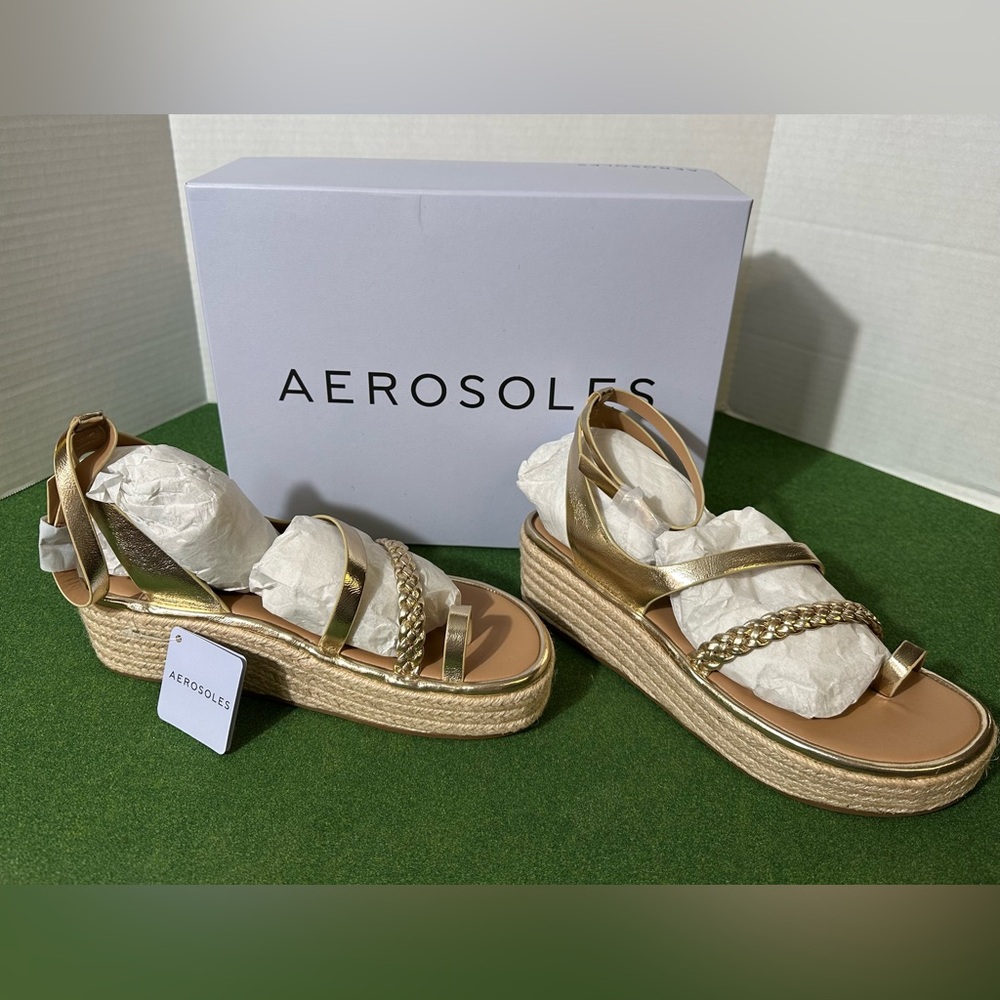 Aerosoles Dolly Espadrille Platform Sandals Braided Straps Soft Gold Women’s 9M